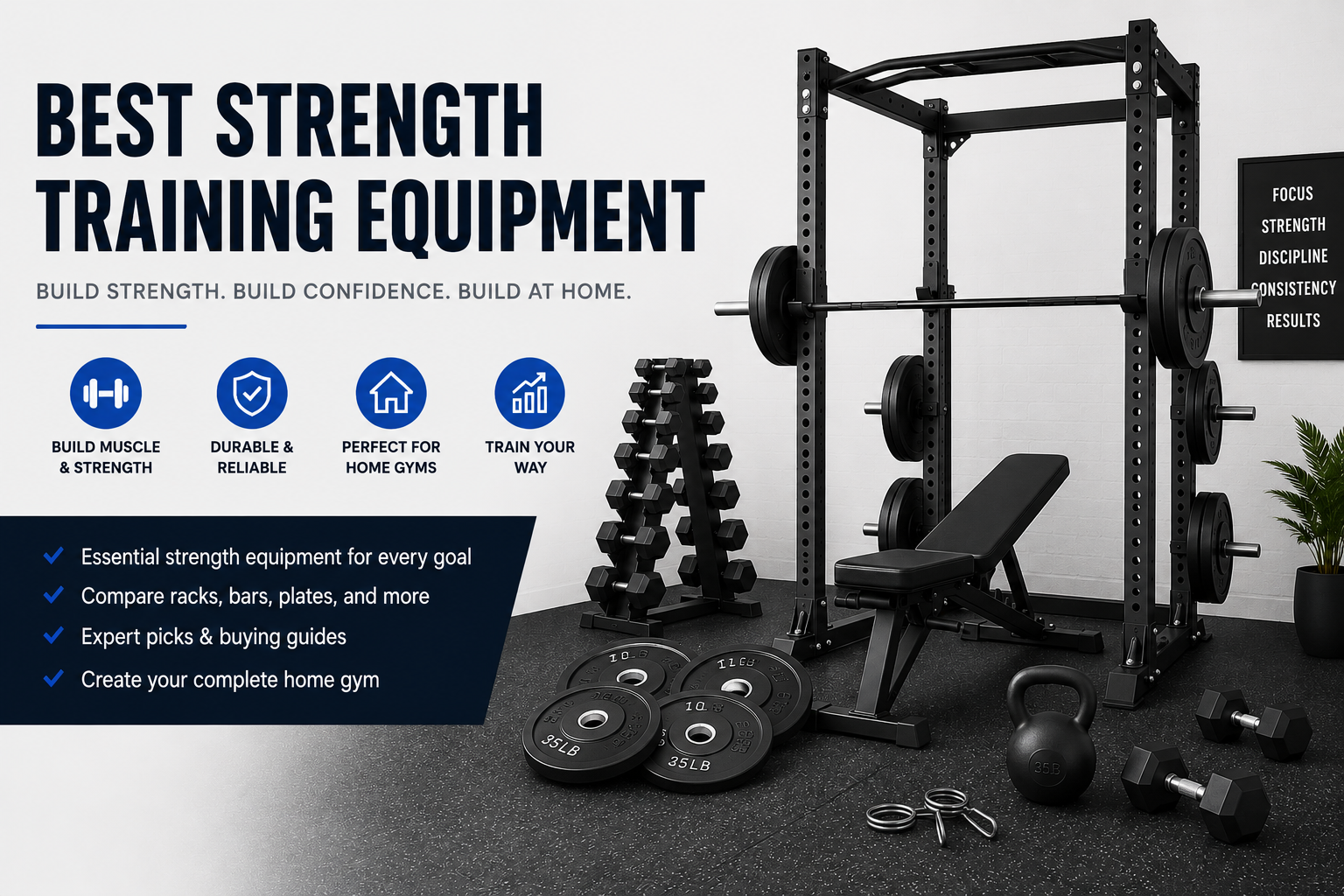 Best strength training equipment including dumbbells, barbells, rack, bench, kettlebells, and weight plates